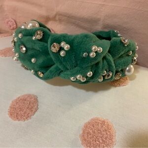 Luxurious Emerald Velvet Headband with Pearls and Crystals